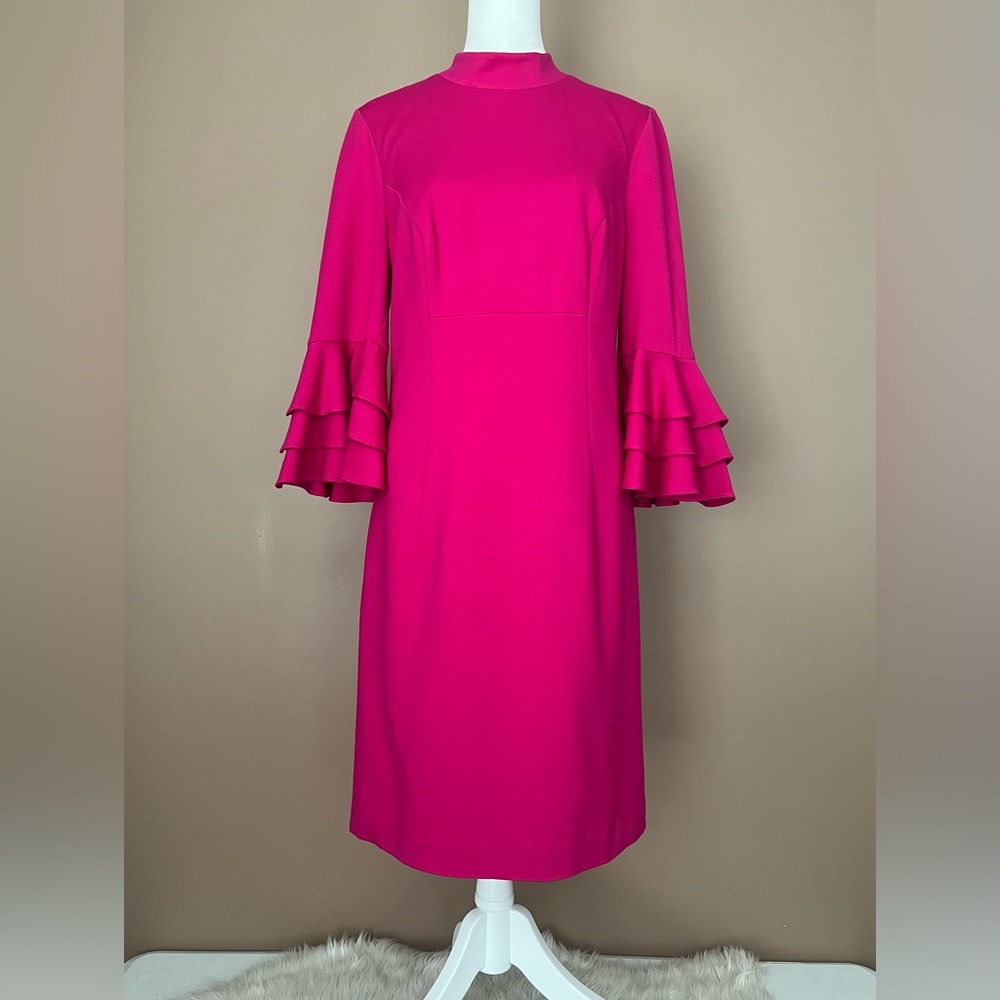 {Trina Turk} High Neck Ruffle Bell Sleeve Dress in Pink Magenta - Womens 6